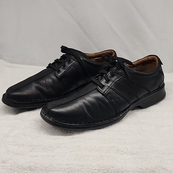 CLARKS TOUAREG VIBE BLACK LEATHER OXFORDS MENS 12 M GUC MADE IN INDIA - Picture 1 of 16